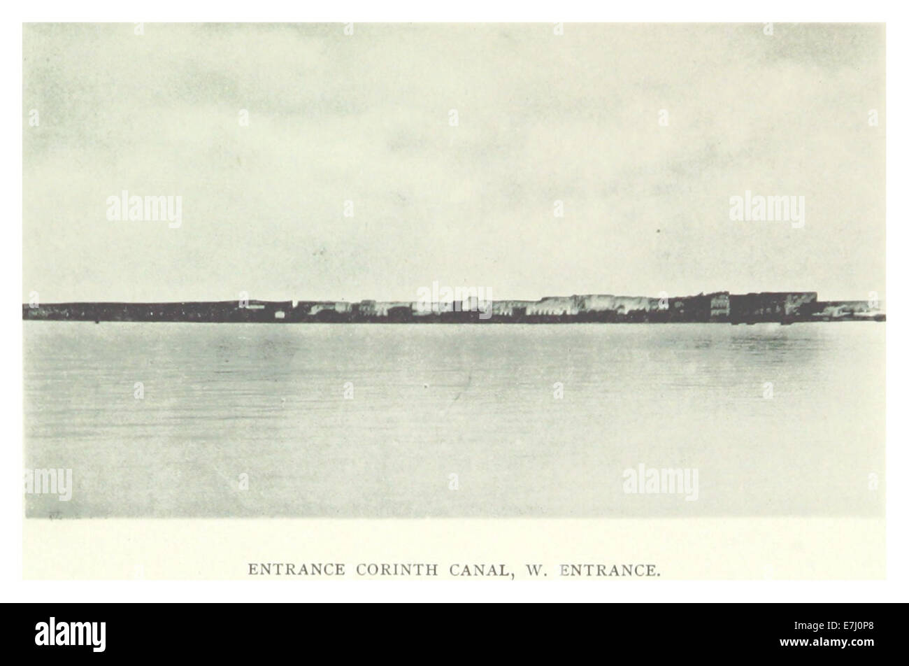 Une carte de 1897 et une illustration de l'entrée ouest du canal de Corinthe en Grèce, montrant la voie navigable stratégique reliant la mer Égée et la mer Ionienne, cruciale pour le commerce et les voyages régionaux. Banque D'Images