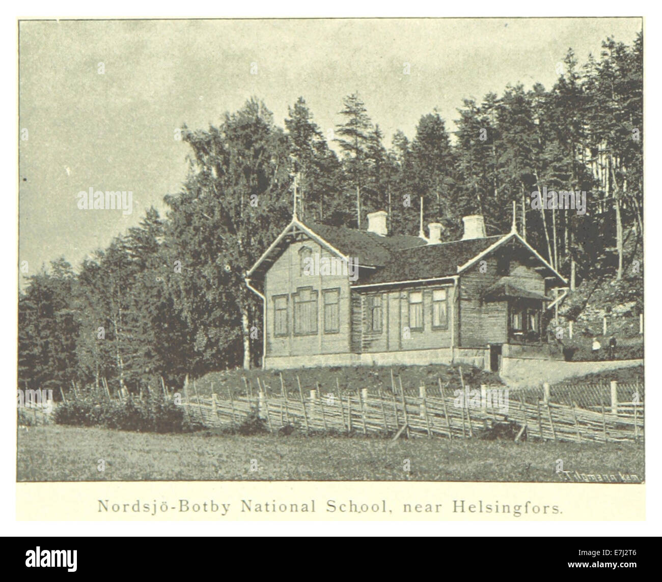 Une illustration de Mechelin datant de 1894 représentant la région de Nordsjö-Botby, y compris une carte et une photo liées au système éducatif national finlandais. Banque D'Images