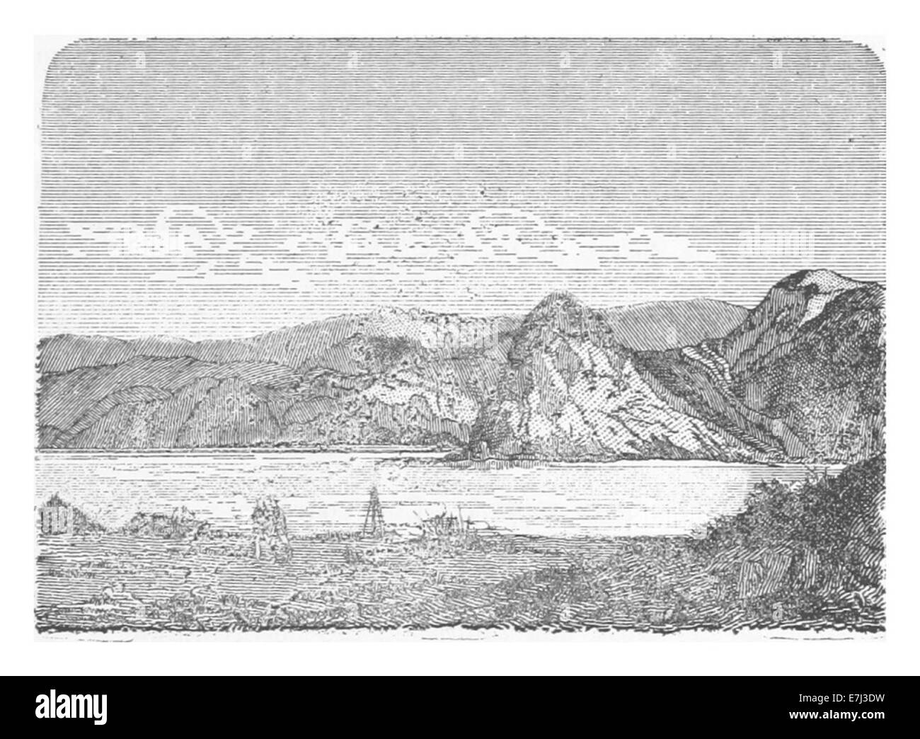Cette illustration de Moreno de 1879 représente une vue prise de l'intérieur de Puerto Deseado, situé en Argentine. L'image fournit un instantané du port et du paysage environnant à la fin du XIXe siècle. Banque D'Images