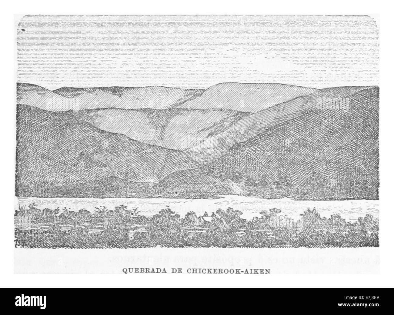 Une carte de livre de 1879 et une illustration de Moreno représentant la Quebrada de Chickeroock-Aiken, une caractéristique géologique et géographique notable en Amérique du Sud. Banque D'Images