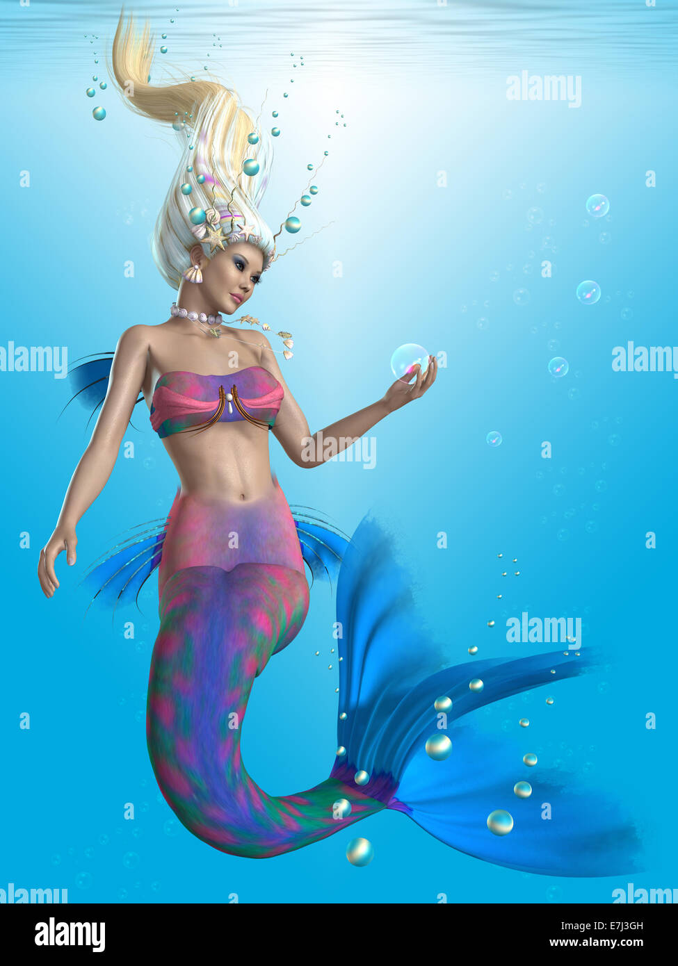 Une Belle Sirene Admire Les Couleurs D Une Bulle D Eau Qu Elle A Remporte Photo Stock Alamy