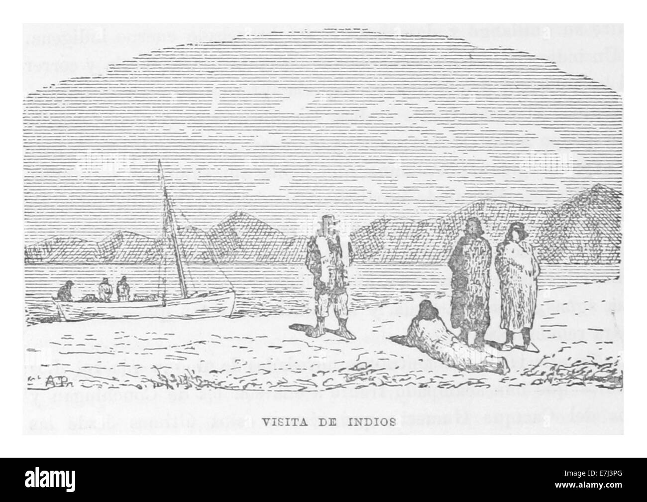 Cette illustration de Moreno, réalisée en 1879, représente une visite de peuples autochtones, combinant une carte et une représentation visuelle avec du texte et des détails photographiques. Banque D'Images