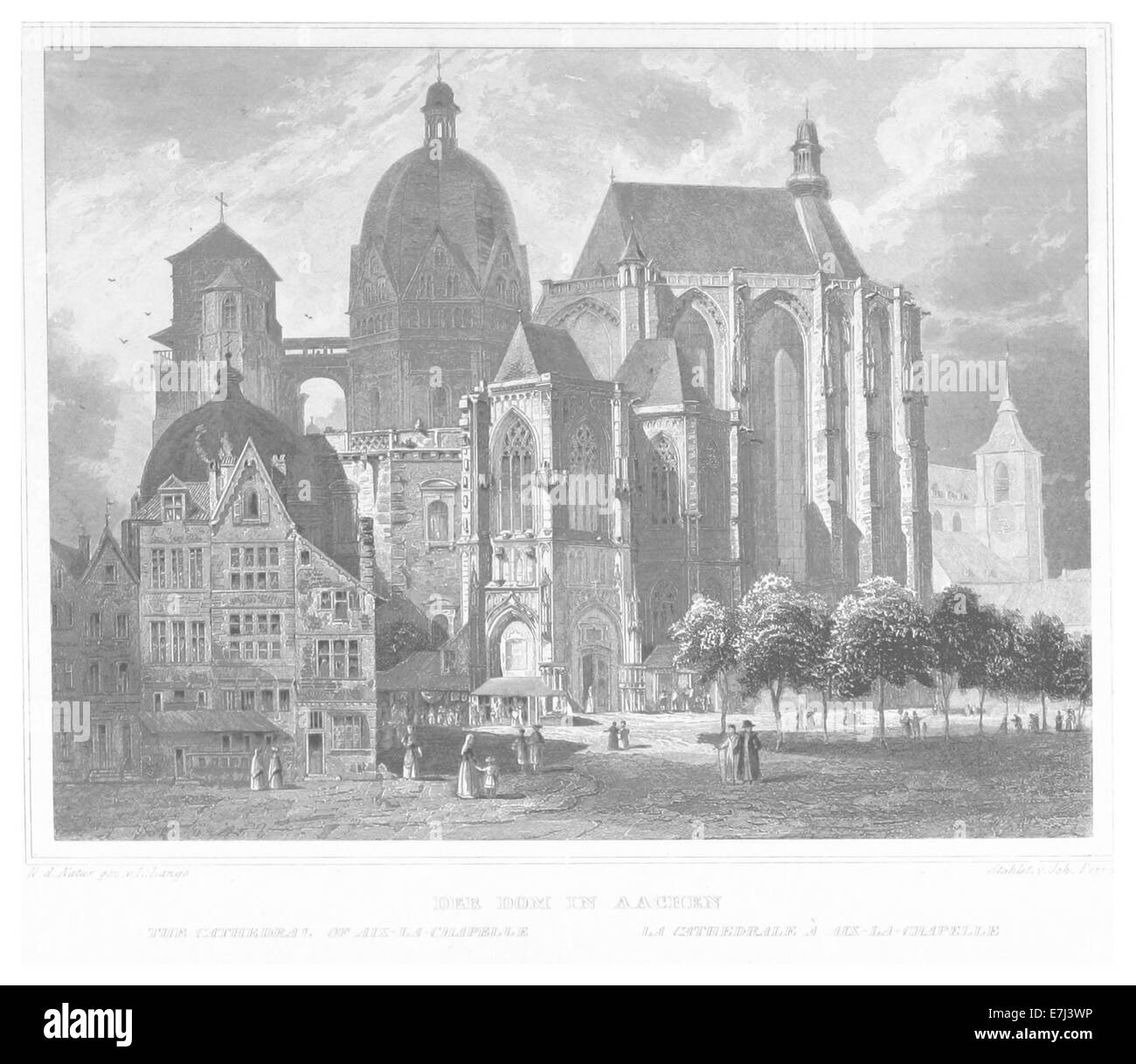 Cette illustration de Poppel de 1852 représente la cathédrale d'Aix-la-Chapelle, site classé au patrimoine mondial de l'UNESCO en Allemagne, mettant en valeur son importance historique et architecturale. Banque D'Images