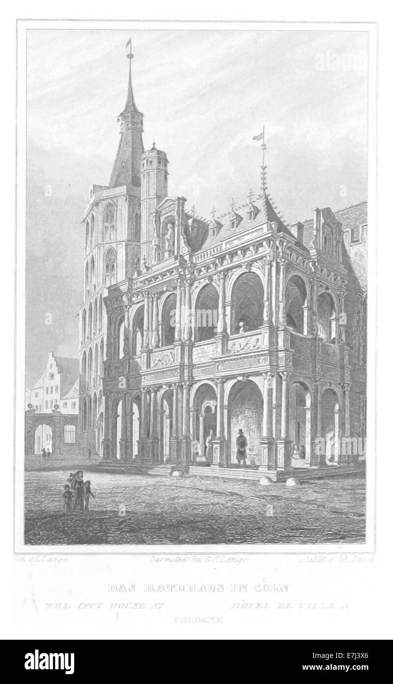 Une illustration de Poppel de 1852 représentant le Rathaus (hôtel de ville) en CC396LN, peut-être un monument historique dans une ville européenne. L'œuvre met en valeur les caractéristiques architecturales du bâtiment, reflétant les styles de l'époque. Banque D'Images