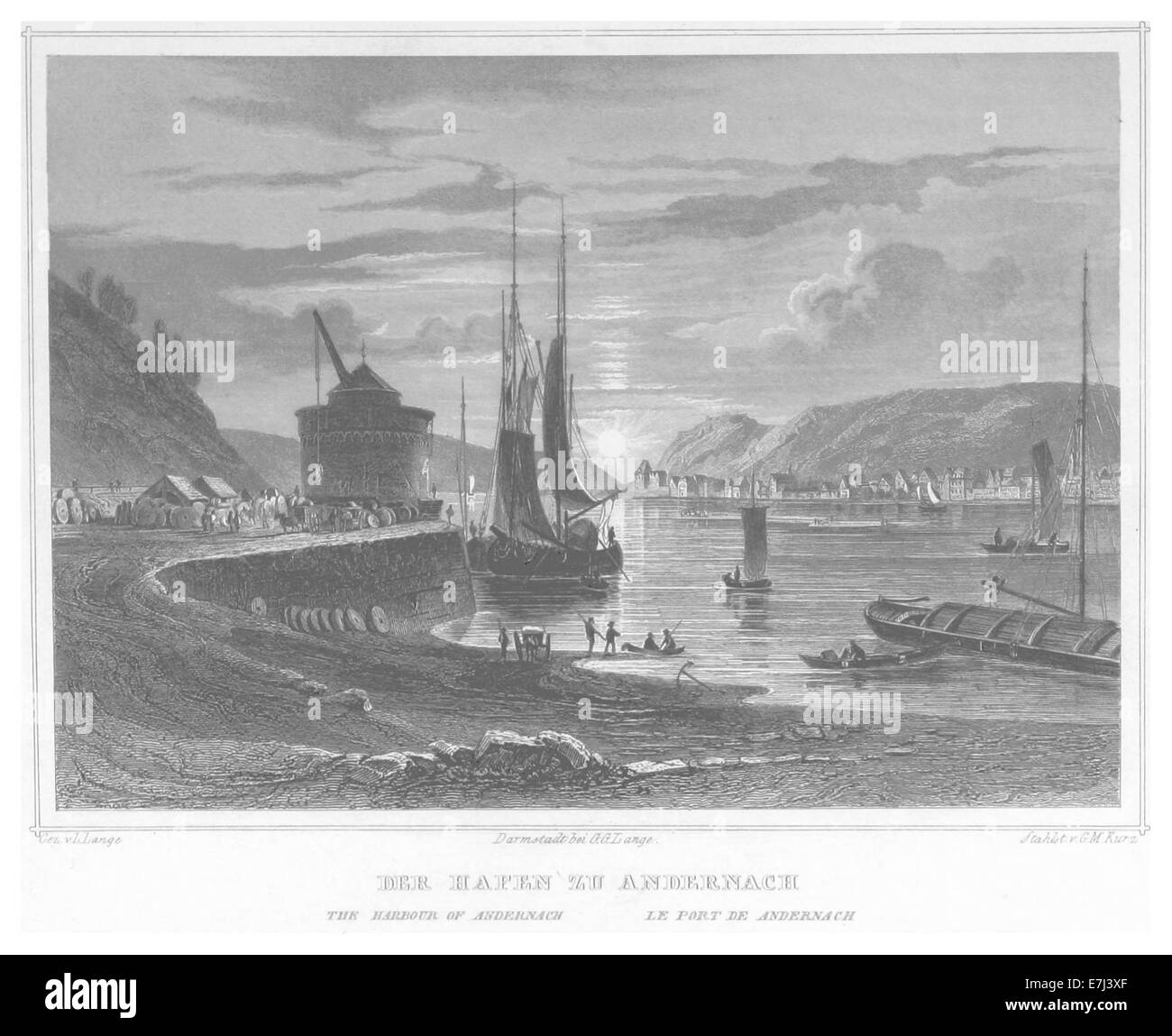 L'illustration et la carte du port d'Andernach de Poppel en 1852 offrent une vue détaillée du port du Rhin et de son rôle dans le commerce de la région. Banque D'Images L'illustration et la carte du port d'Andernach de Poppel en 1852 offrent une vue détaillée du port du Rhin et de son rôle dans le commerce de la région. Banque D'Images