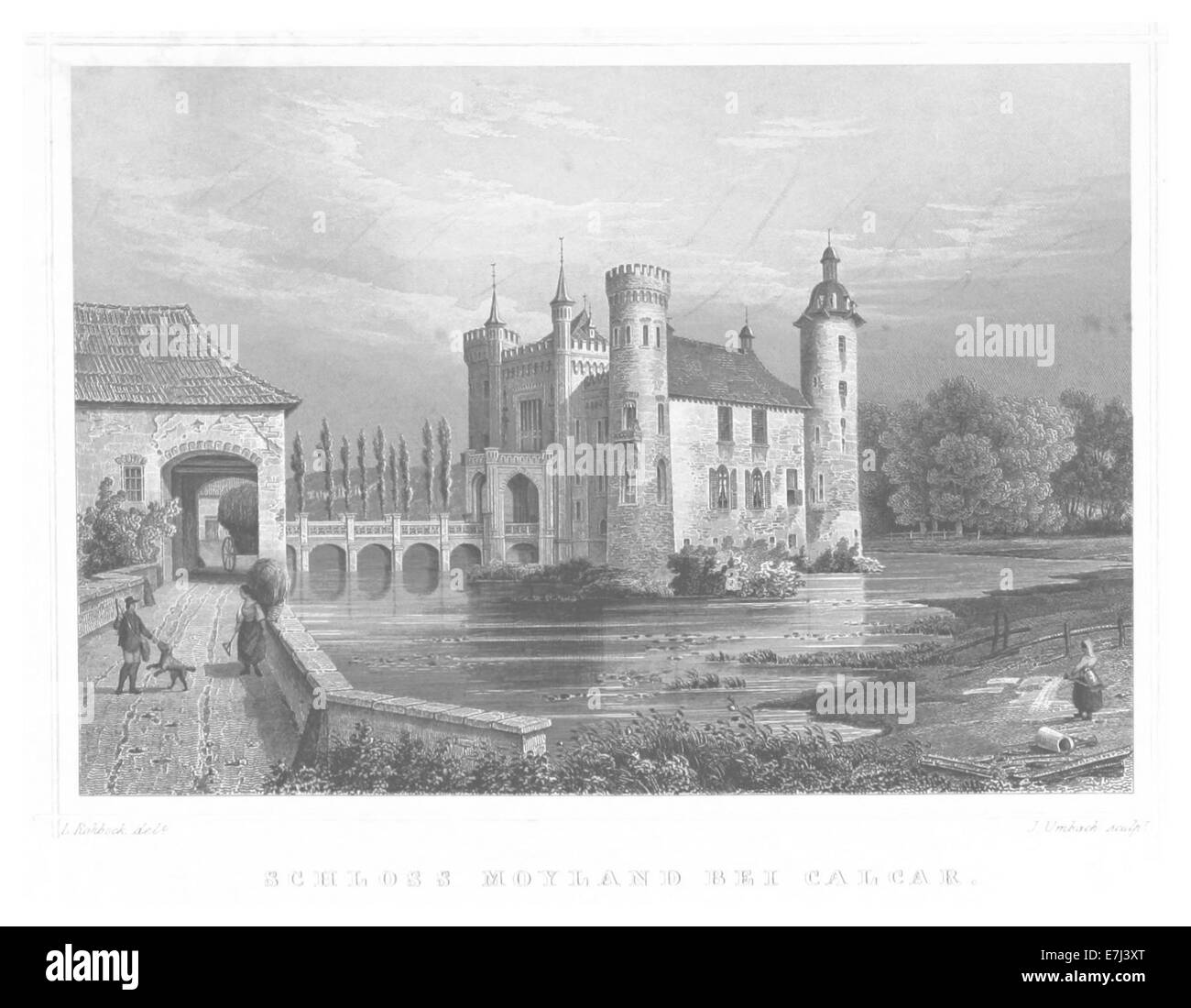 Une illustration de 1852 tirée du travail de Poppel, montrant Schloss Moyland en calcar. Ce dessin vintage capture l'importance historique et l'architecture du château, un point de repère notable dans la région. Banque D'Images