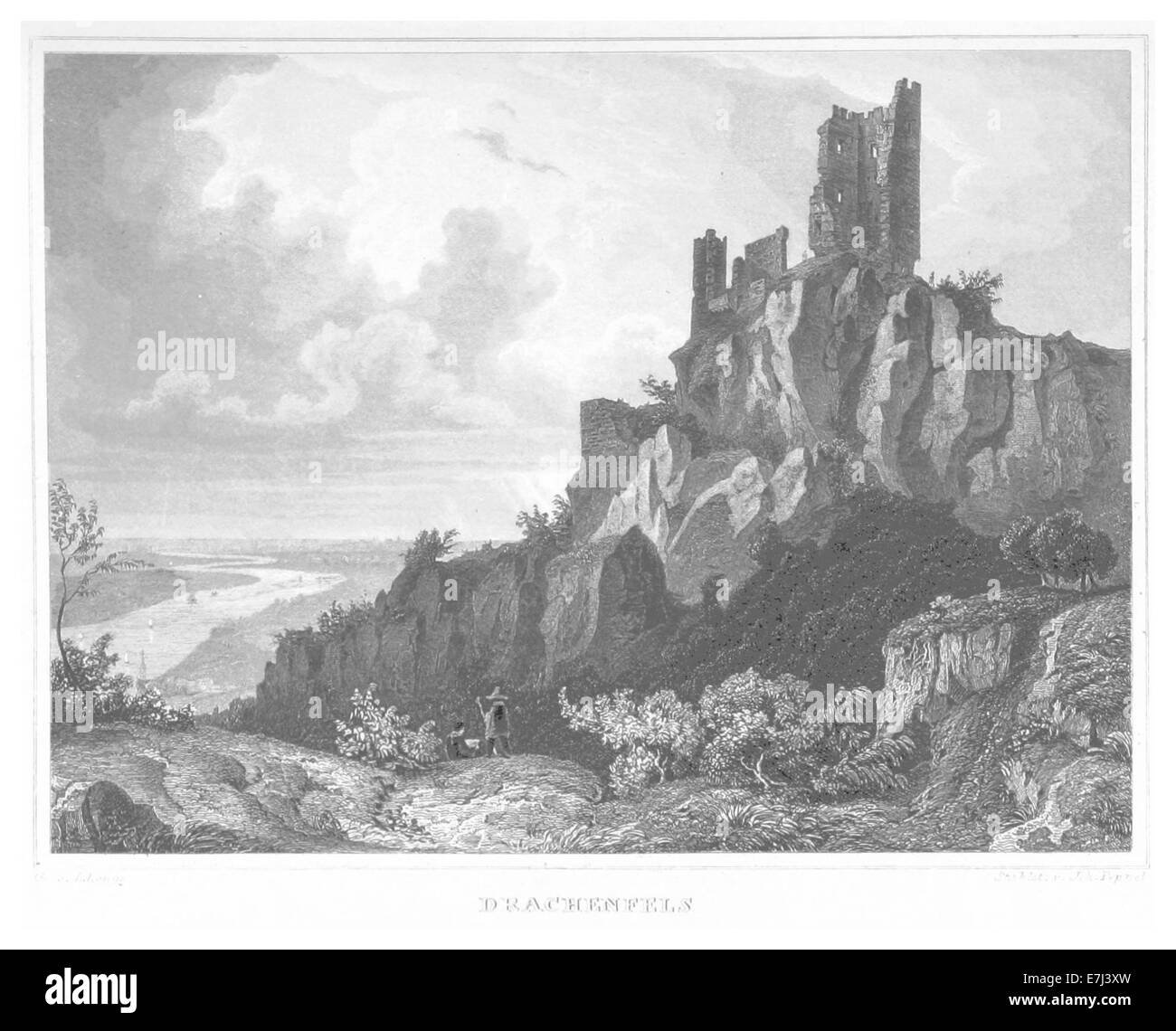 Une illustration de 1852 tirée de l’œuvre de Poppel représentant Drachenfels, une colline et un château importants situés en Allemagne le long du Rhin. L'image dépeint la beauté pittoresque et l'importance historique de la région. Banque D'Images Une illustration de 1852 tirée de l’œuvre de Poppel représentant Drachenfels, une colline et un château importants situés en Allemagne le long du Rhin. L'image dépeint la beauté pittoresque et l'importance historique de la région. Banque D'Images