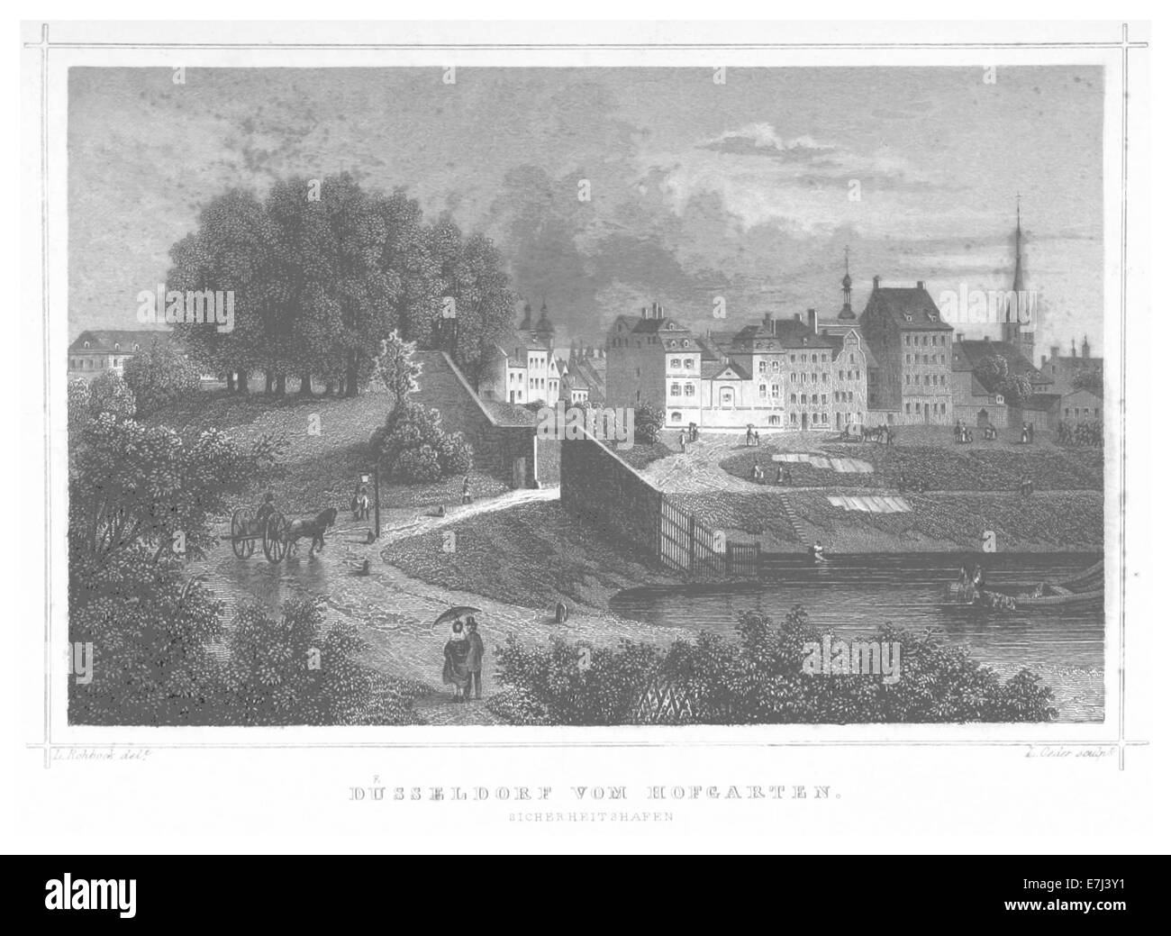 Illustration d'un livre de 1852 montrant le Hofgarten de Dusseldorf. Cette représentation historique capture l'aménagement du parc et les zones environnantes au début du XIXe siècle. Banque D'Images