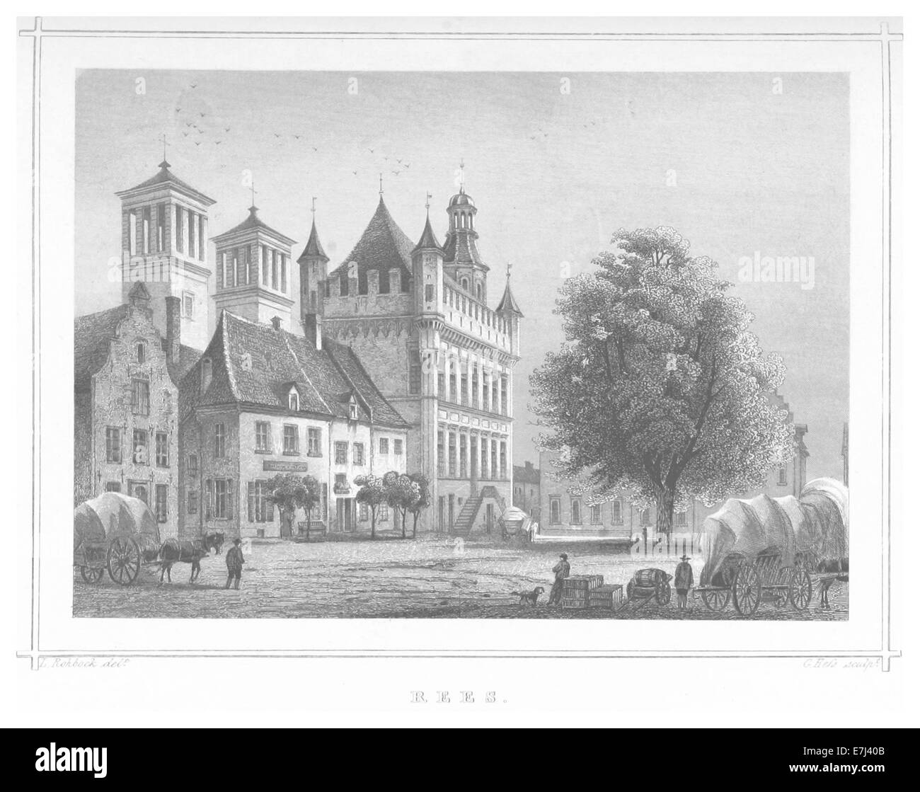 Une illustration de l'œuvre de Poppel de 1852, avec une carte de Rees, en Allemagne, offrant un aperçu de la géographie et de la disposition de la région au milieu du XIXe siècle. Banque D'Images