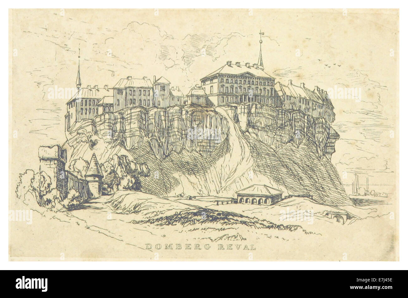 Une carte de 1842 et une illustration de Rigby tirée des « lettres baltes », représentant Domberg à Reval (aujourd'hui Tallinn), montrant son importance architecturale et culturelle au XIXe siècle. Banque D'Images