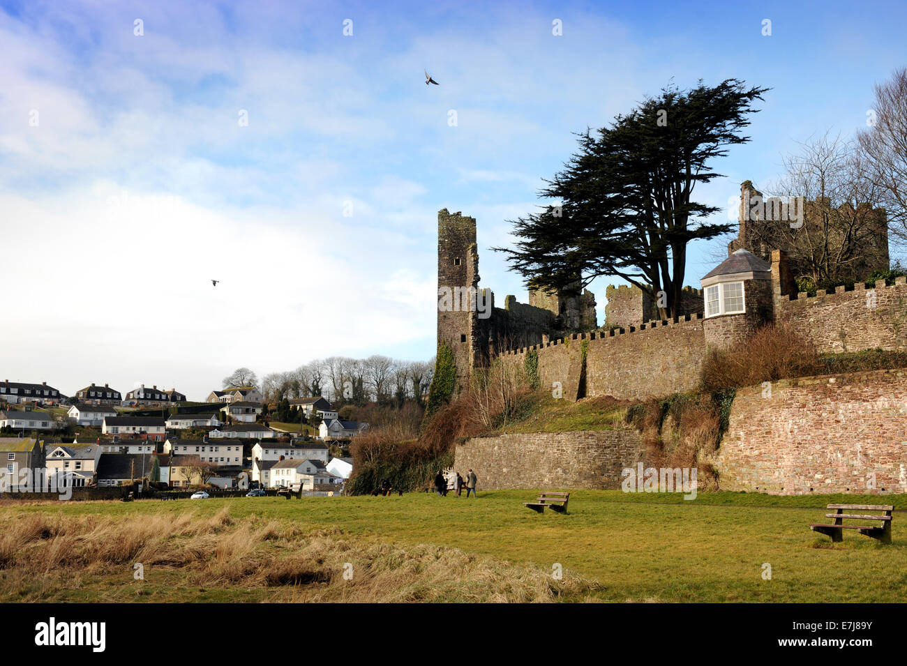 Avis de Laugharne Castle dans Carmarthenshire, Pays de Galles, Royaume-Uni Banque D'Images