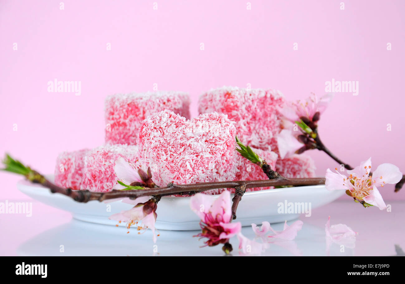 Style australien fait maison en forme de coeur rose petits gâteaux lamington avec fleur de printemps Banque D'Images