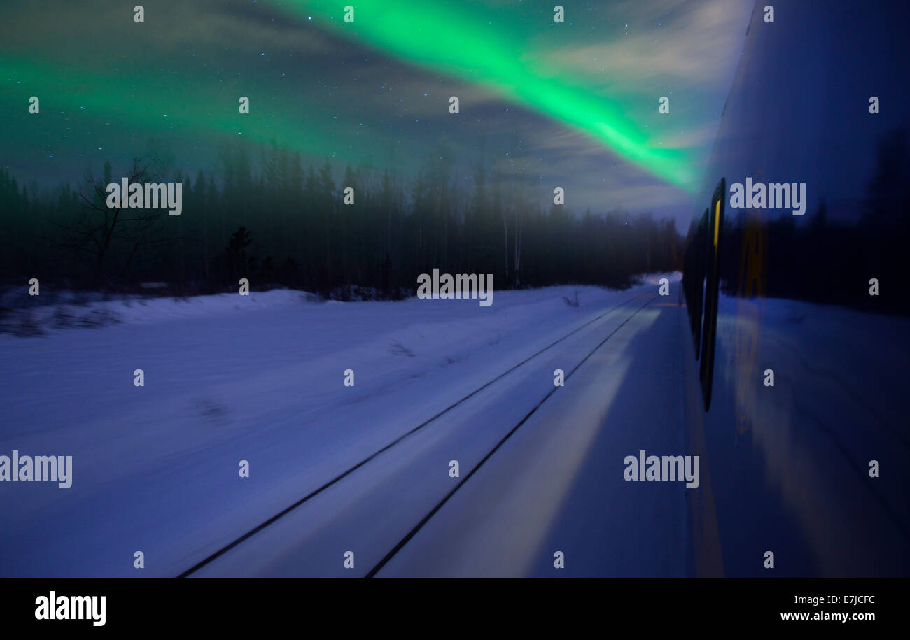 USA, United States, Amérique du Nord, en Alaska, l'Alaska Railroad, train, nuit, vitesse, hiver, aurora, Aurora express, hiver, Banque D'Images
