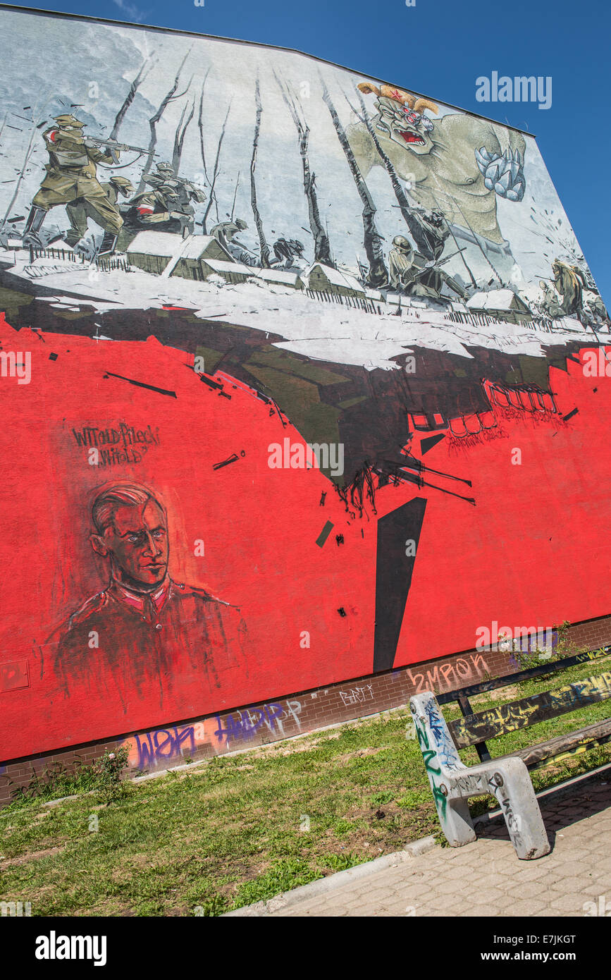 Varsovie : fresque à la mémoire de capitaine de cavalerie Witold Pilecki, fondateur de l'armée polonaise secrète et anti-communiste membre de l'organisation Banque D'Images