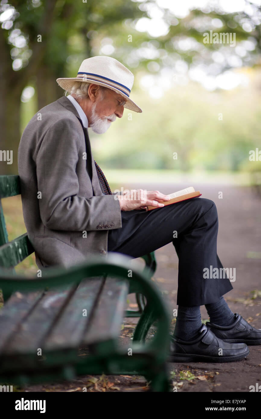 Senior man reading a book sur un banc de parc Banque D'Images