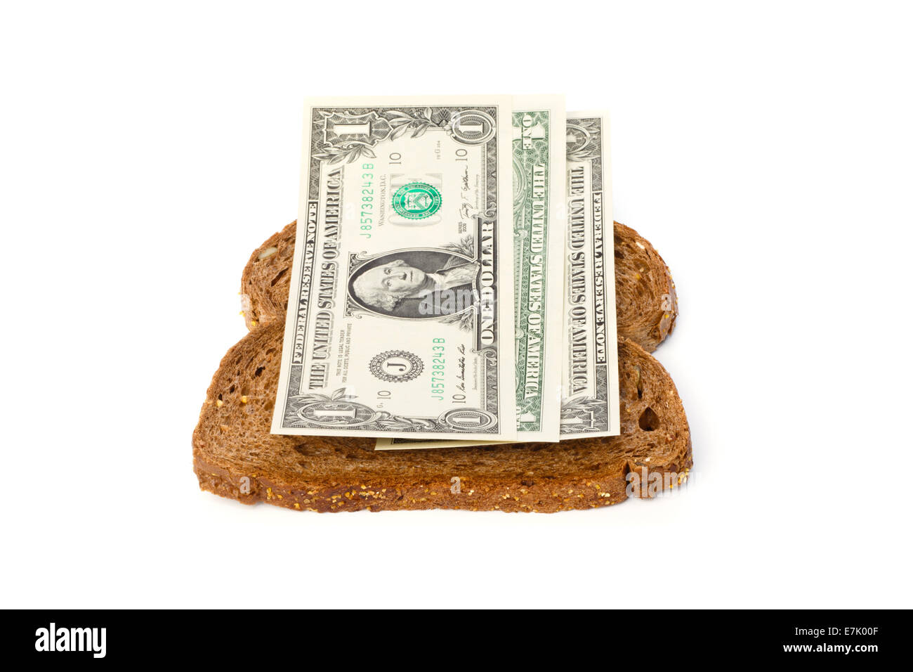 Tranche de pain gris avec 1 US dollar bills sandwich Banque D'Images