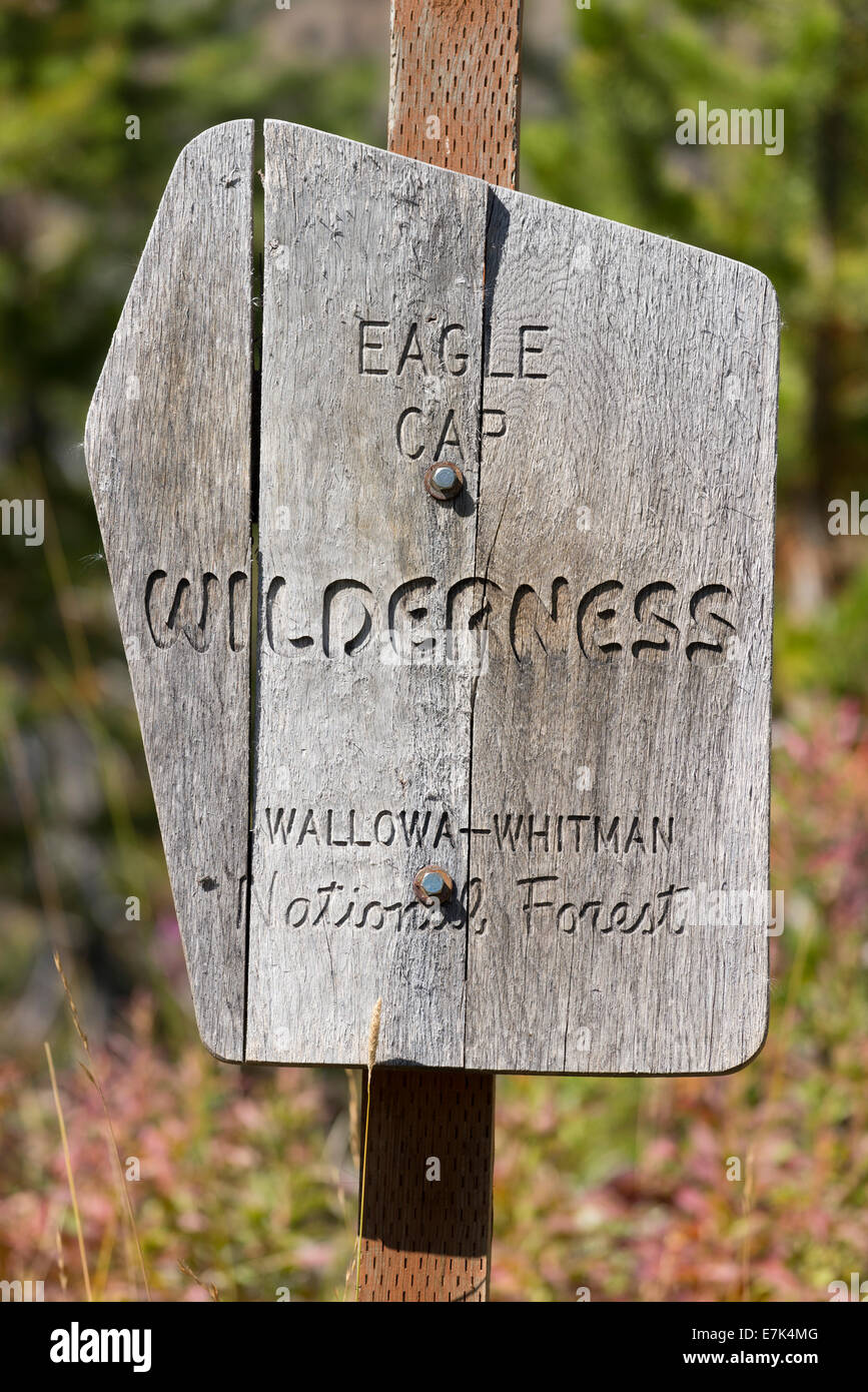 Eagle Cap Wilderness Area sign, Wallowa - Whitman, forêt nationale de l'Oregon. Banque D'Images