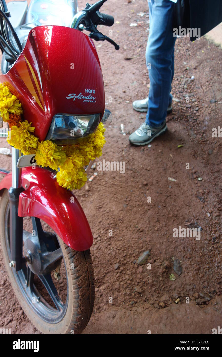 Homme avec sac vélo rouge et jaune avec des fleurs Banque D'Images