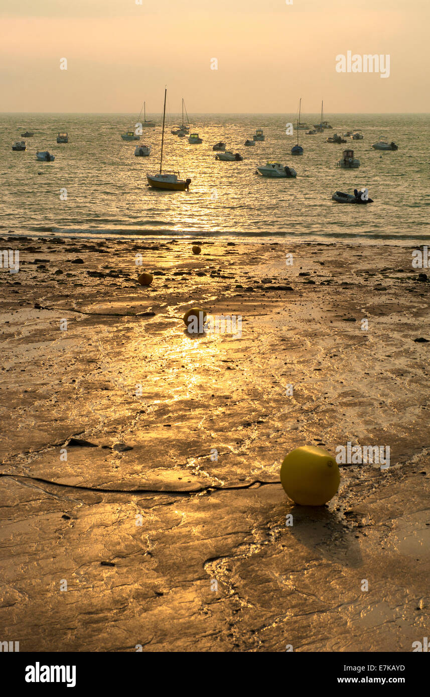 Septembre lever du soleil à l'océan Atlantique, baie de Cancale Grouin, Bretagne, France Banque D'Images