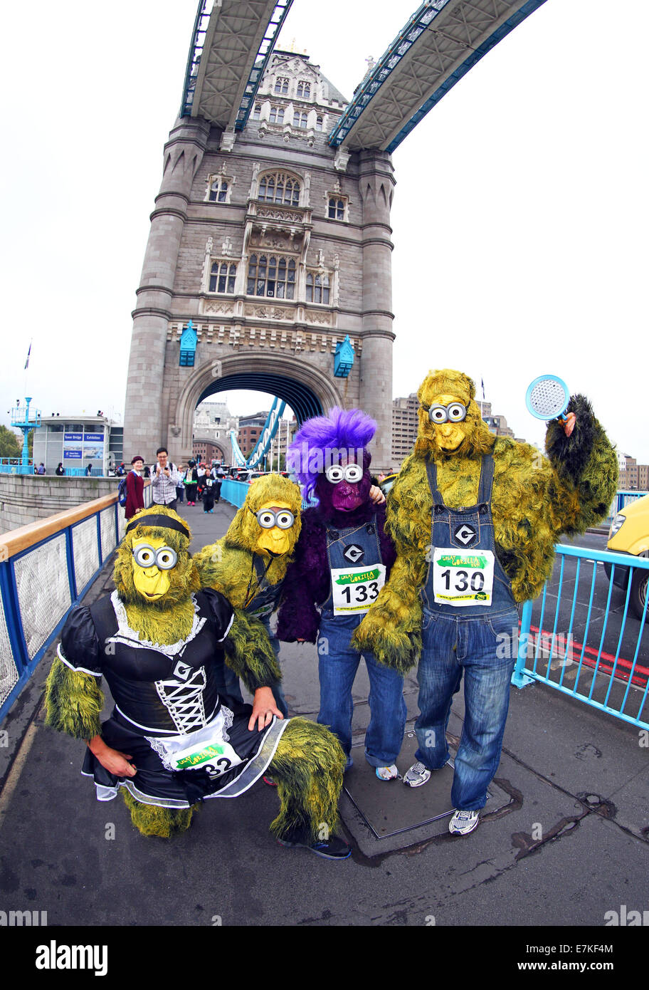 Londres, Royaume-Uni. 20 septembre 2014. Les participants sur le Tower Bridge dans le Great Gorilla Run 2014. Des centaines de gens déguisés en gorilles, beaucoup d'entre eux déguisés ont pris part à la Great Gorilla Run pour recueillir de l'argent pour les gorilles de montagne qui sont sur le point de disparaître. Moins de 800 sont à l'état sauvage. Crédit : Paul Brown/Alamy Live News Banque D'Images