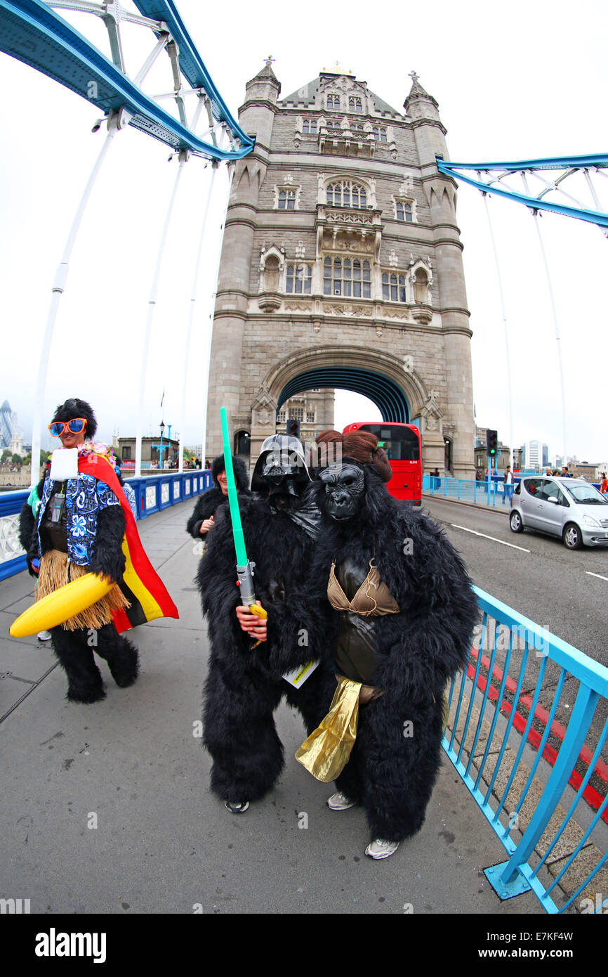 Londres, Royaume-Uni. 20 septembre 2014. Les participants sur le Tower Bridge dans le Great Gorilla Run 2014. Des centaines de gens déguisés en gorilles, beaucoup d'entre eux déguisés ont pris part à la Great Gorilla Run pour recueillir de l'argent pour les gorilles de montagne qui sont sur le point de disparaître. Moins de 800 sont à l'état sauvage. Crédit : Paul Brown/Alamy Live News Banque D'Images
