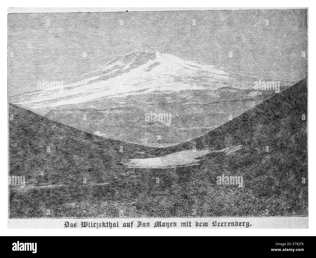Ce dessin de 1884 de Chavanne montre la vallée de Wilczek (Wilczekthall) et Beerenberg, une montagne volcanique sur l'île Jan Mayen. Le croquis met en évidence les caractéristiques géologiques et le terrain accidenté de cette île arctique, connue pour son activité volcanique. Banque D'Images