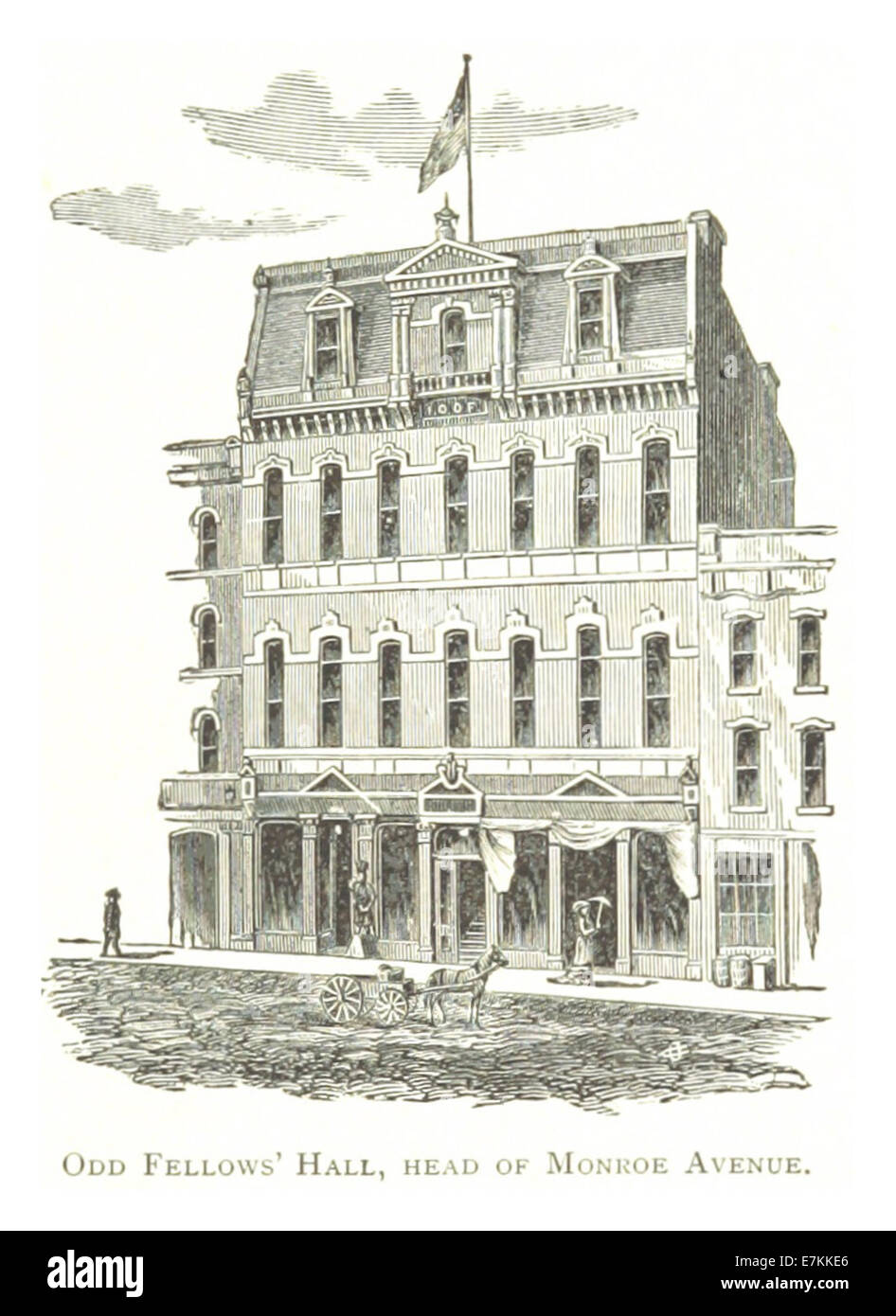Un croquis de 1884 de ODD Fellows' Hall, situé à la tête de Monroe Avenue à Détroit, reflétant les organisations sociales et fraternelles de la ville à la fin du XIXe siècle. Banque D'Images