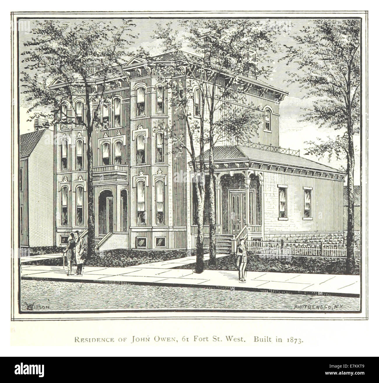 Un croquis de 1884 de Farmer représentant la résidence de John Owen au 61 Fort Street West, Detroit, construite en 1873. L'illustration montre le style architectural et la conception de la maison à la fin du XIXe siècle. Banque D'Images
