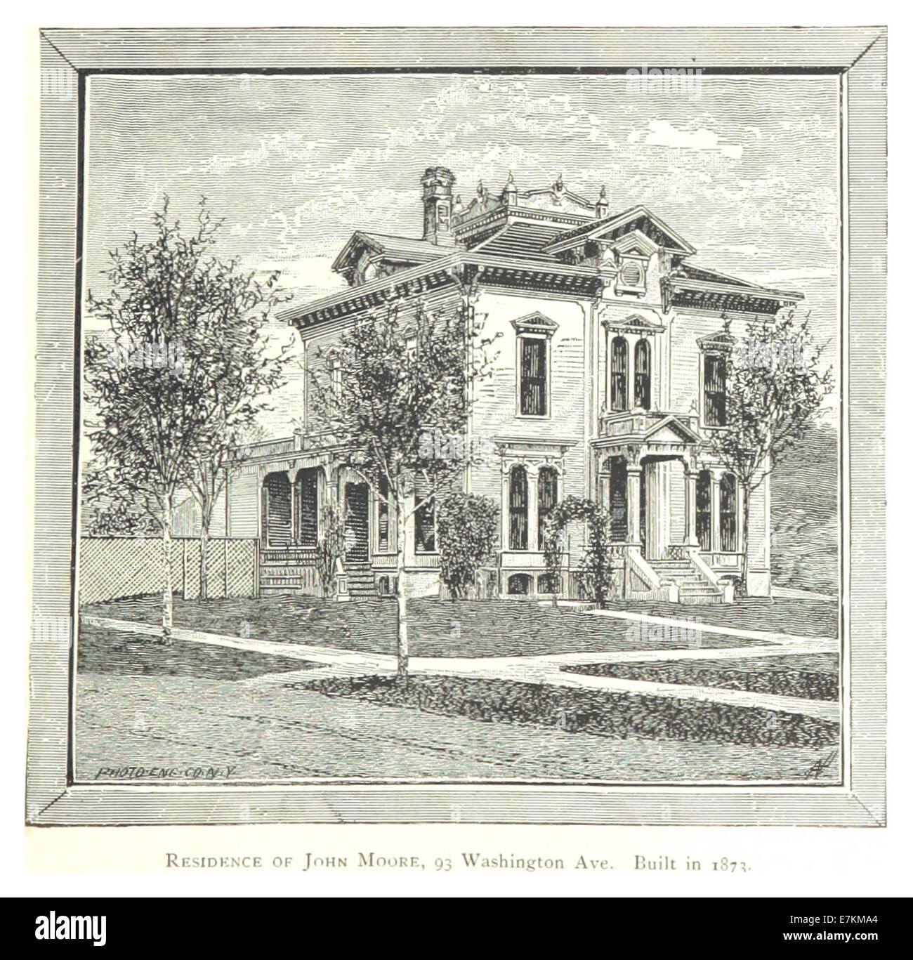 Ce croquis de 1884 de Farmer illustre la résidence de John Moore au 93 Washington Avenue, Detroit, mettant en valeur l'architecture du bâtiment à partir de 1873. Banque D'Images
