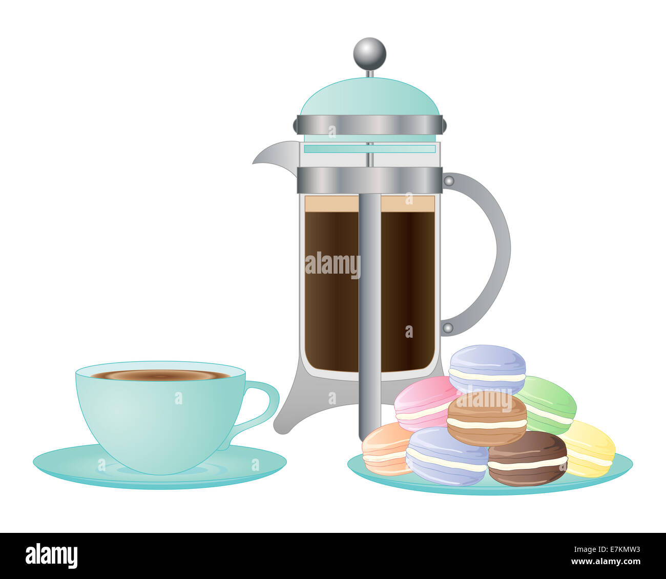 Une illustration d'un élégant café tasse et soucoupe et une assiette de fantaisies de macarons sur fond blanc Banque D'Images