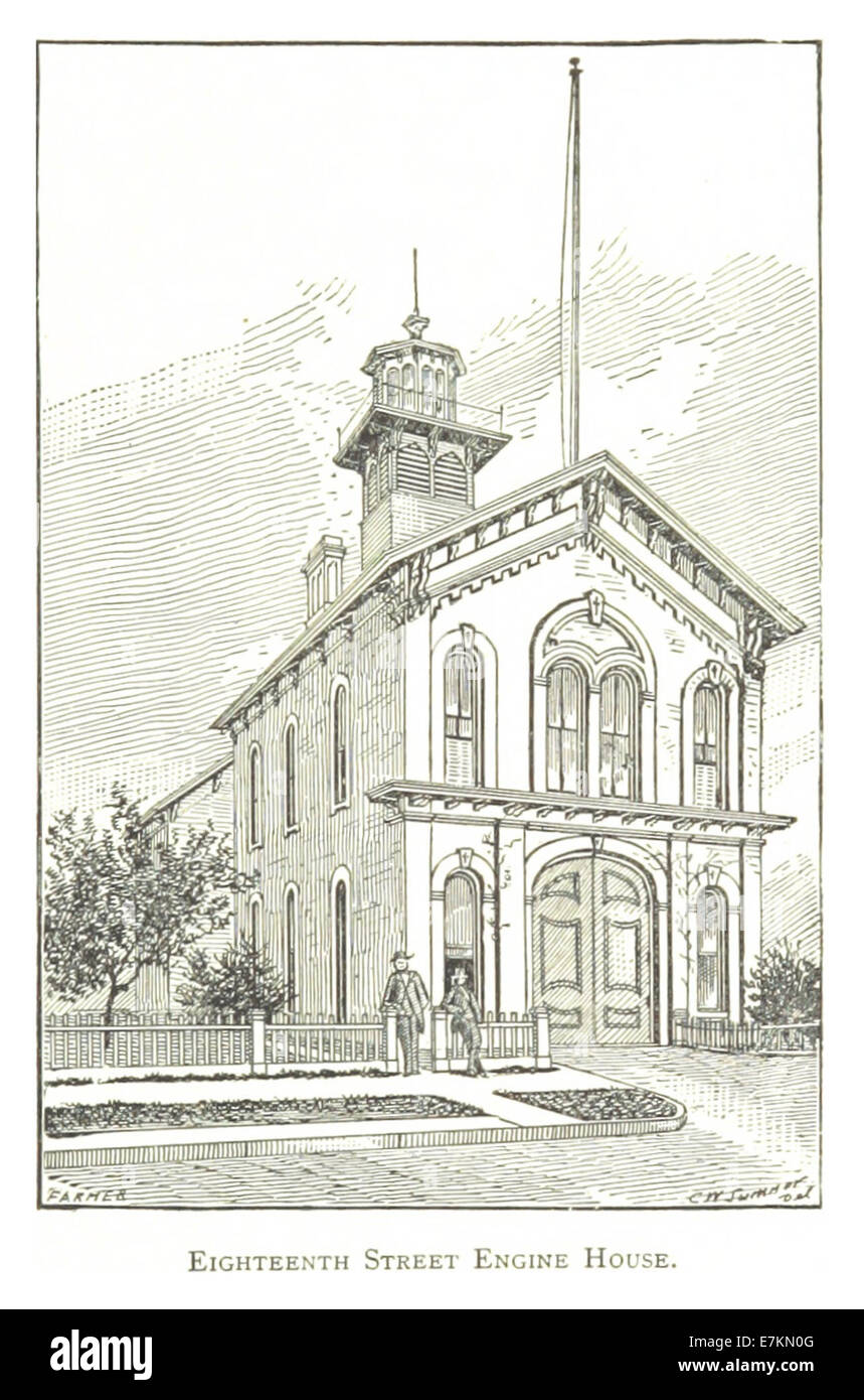 Cette illustration de 1884 par Farmer montre la dix-huitième Street Engine House à Détroit, construite en 1873, soulignant son architecture et son importance en tant que caserne de pompiers dans l’infrastructure urbaine de la ville. Banque D'Images