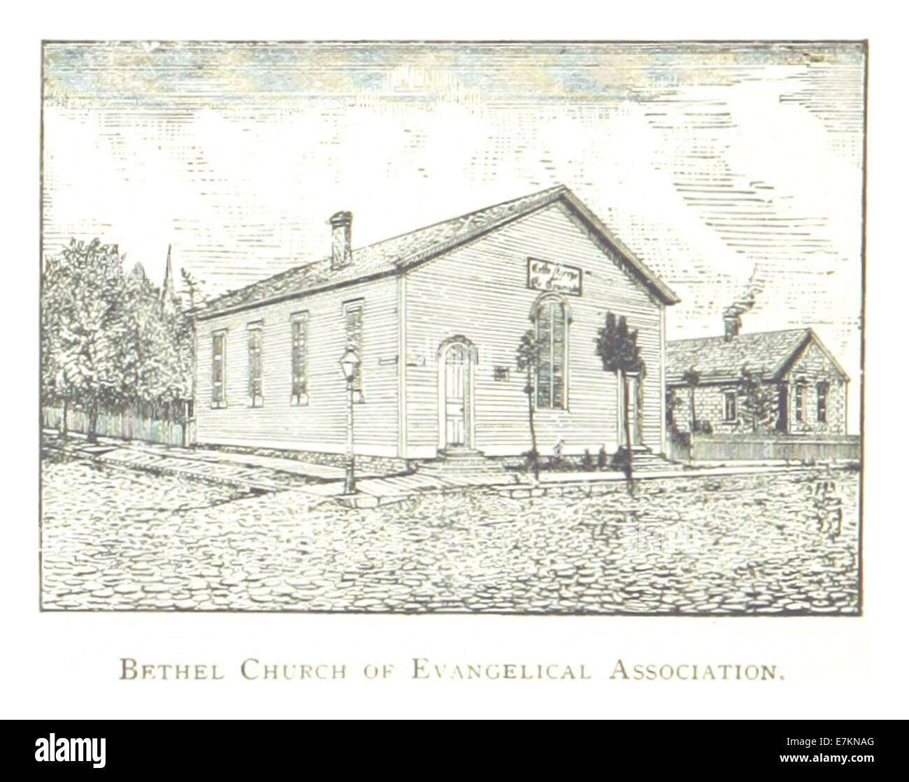 Un croquis de 1884 de l'église Bethel originale de l'Evangelical Association à Détroit, soulignant sa conception architecturale et son importance historique dans le développement de la ville. Banque D'Images