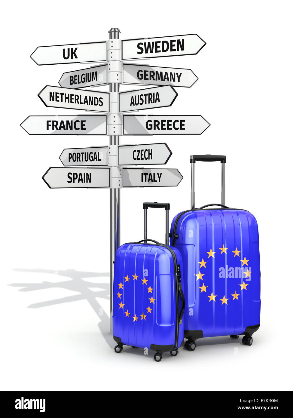 Concept de voyage. Valises et signpost que visiter à l'Union européenne. 3d Banque D'Images