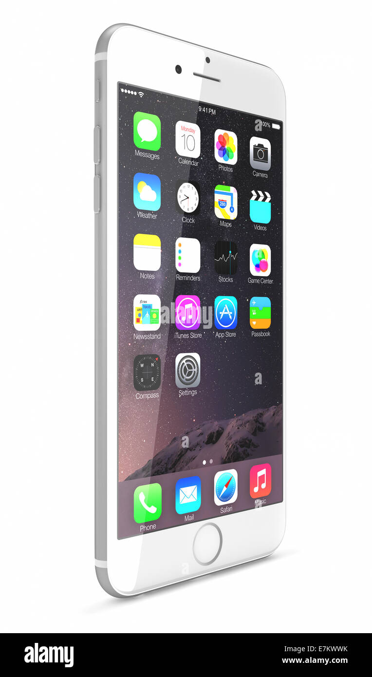 Silver Apple iPhone 6 Plus montrant l'écran d'accueil avec iOS 8. Banque D'Images