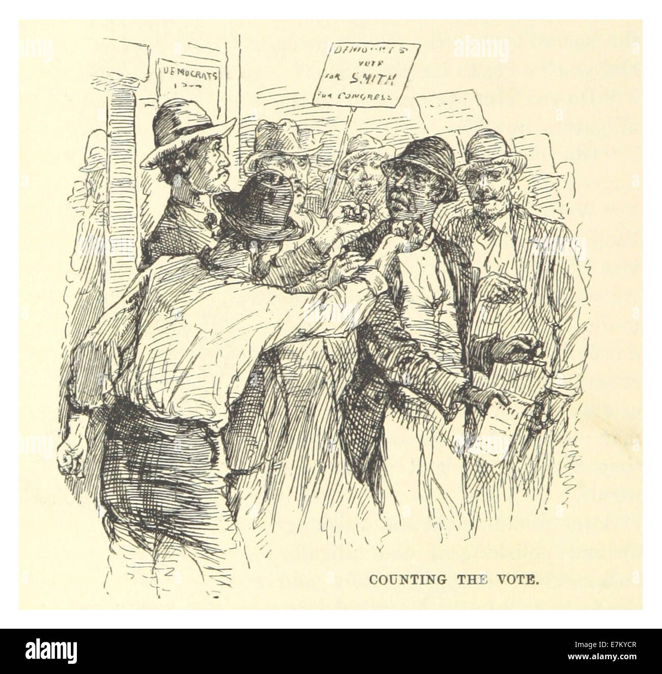 Illustration tirée de l’œuvre de Mark Twain de 1883, représentant une scène de vote ou de dépouillement des élections. Le croquis décrit le processus de dépouillement des votes à la fin du XIXe siècle. Banque D'Images
