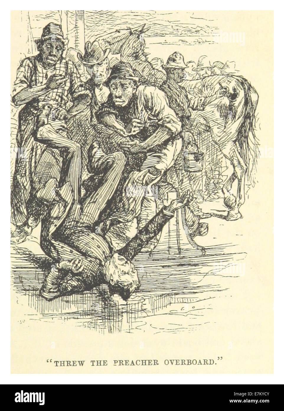 Cette illustration de 1883 tirée des écrits de Mark Twain représente une scène humoristique où le prédicateur est jeté par-dessus bord. L'œuvre reflète l'esprit et le commentaire satirique de Twain sur les normes sociales et culturelles de l'époque. Banque D'Images Cette illustration de 1883 tirée des écrits de Mark Twain représente une scène humoristique où le prédicateur est jeté par-dessus bord. L'œuvre reflète l'esprit et le commentaire satirique de Twain sur les normes sociales et culturelles de l'époque. Banque D'Images
