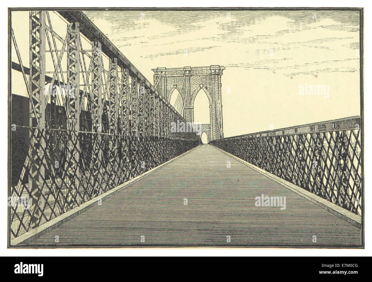 Cette plaque de 1883 représente une première vue du pont de New York et de Brooklyn, montrant sa conception et l'importance du pont pour l'infrastructure urbaine à la fin du XIXe siècle. Banque D'Images