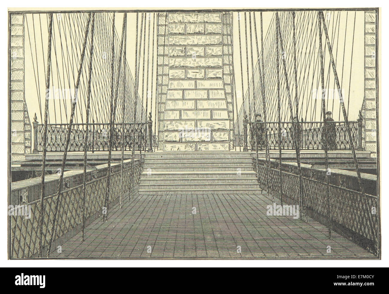 Une illustration de 1883 du pont de New York et Brooklyn, l'un des plus emblématiques prouesses d'ingénierie du XIXe siècle. Le dessin illustre la structure architecturale du pont et son rôle dans la liaison entre Manhattan et Brooklyn. Banque D'Images