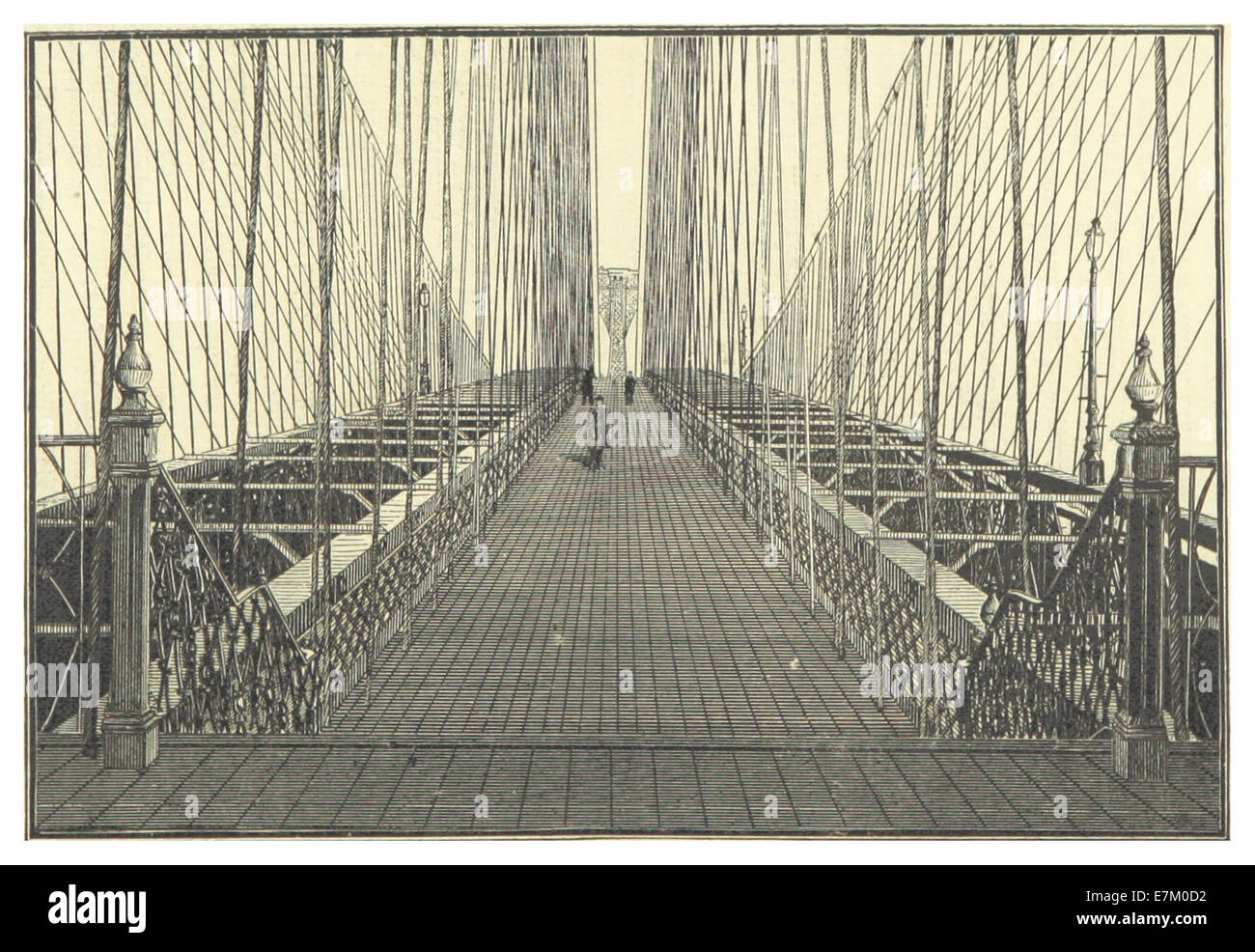 Ce dessin de 1883 illustre le pont de New York et Brooklyn, mettant en valeur la conception architecturale et la merveille d'ingénierie du pont à ses débuts. Il met en évidence les caractéristiques clés du pont emblématique qui reliait Manhattan et Brooklyn, transformant ainsi l’infrastructure de la ville. Banque D'Images