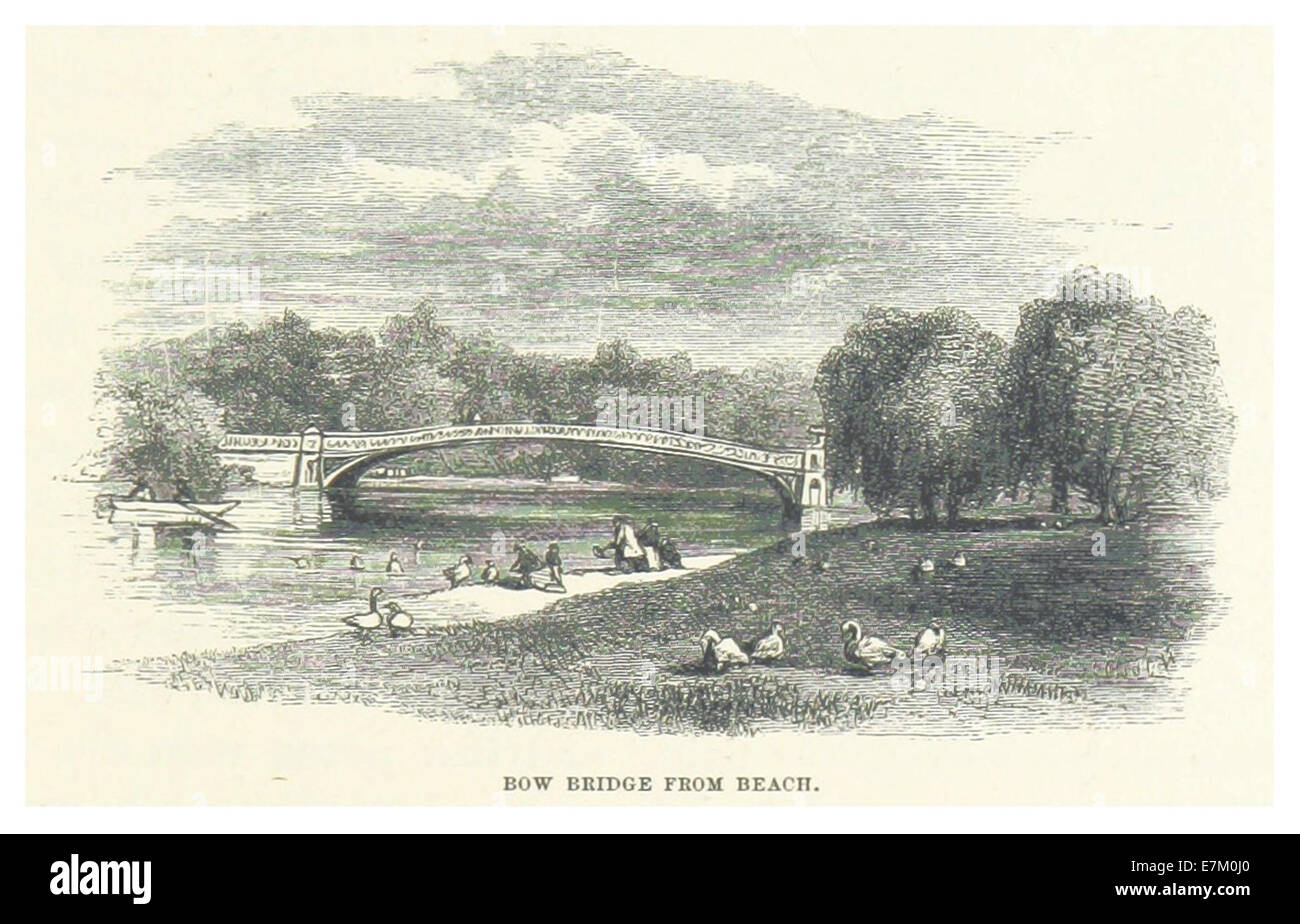 Ce croquis de Central Park à New York en 1869 montre le Bow Bridge depuis la plage, capturant une vue panoramique de l'une des caractéristiques les plus emblématiques du parc. Banque D'Images