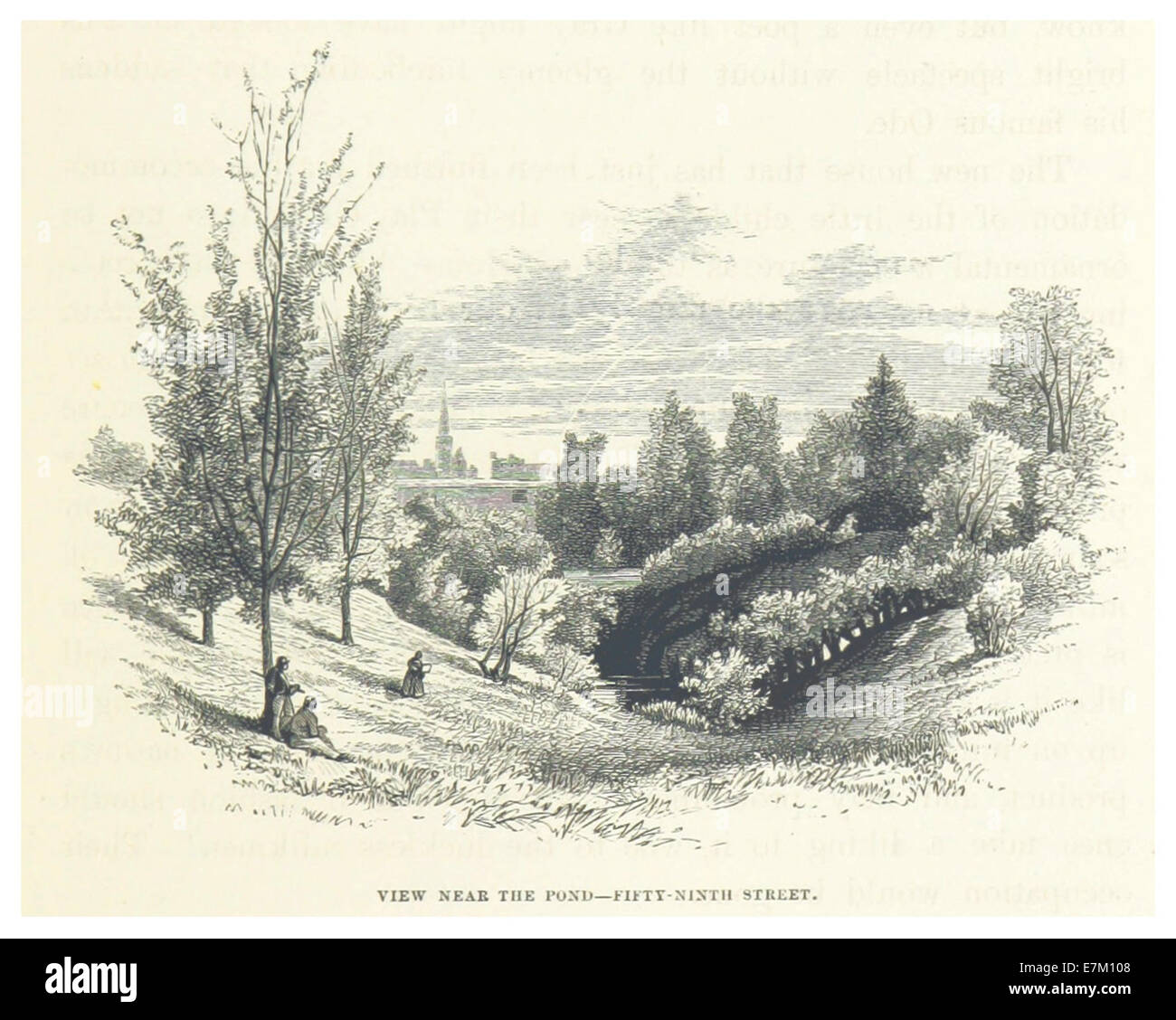 Cette illustration de 1869 de Central Park montre une vue près de l'étang situé à la 59e rue. Il capture l’environnement serein du parc et son rôle d’espace vert dans le paysage urbain de New York à la fin du XIXe siècle. Banque D'Images