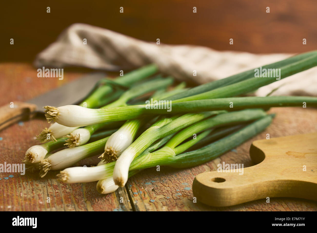 Oignon de printemps sur la vieille table en bois filtrée rétro. Banque D'Images