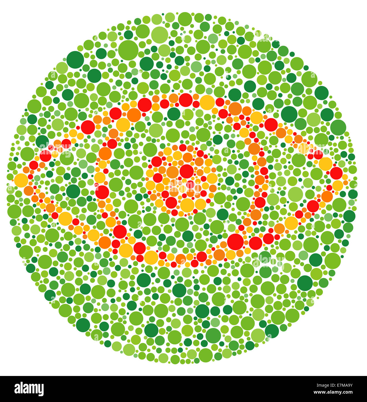 Test de daltonisme de style Ishihara comportant un symbole oculaire formé de points rouges, oranges et verts utilisés pour détecter les déficiences de la vision des couleurs Banque D'Images