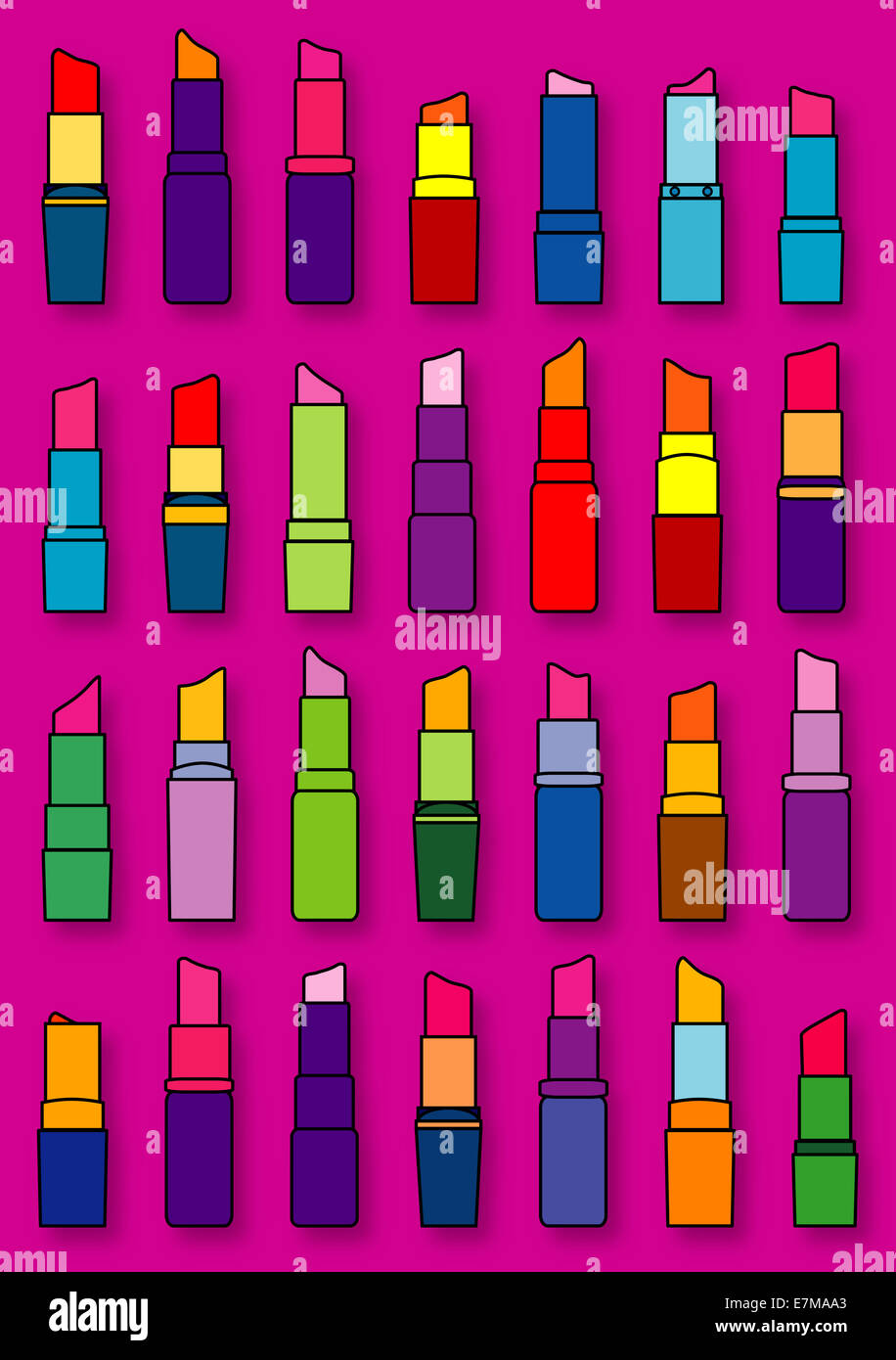 Motif coloré de rouge à lèvres sur un fond rose vibrant parfait pour la beauté, la mode et les designs à thème cosmétique Banque D'Images