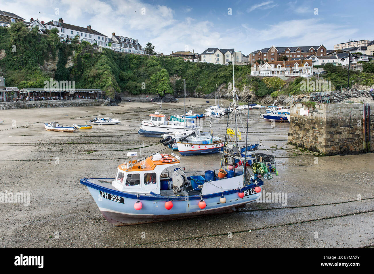 Les bateaux de pêche amarrés dans le port de Newquay, à marée basse. Banque D'Images