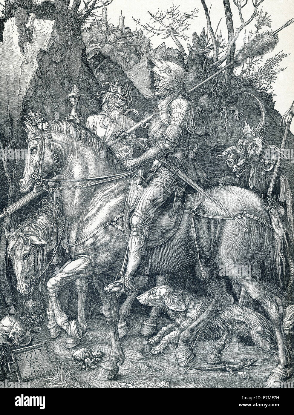 Cette gravure sur bois, datant de 1513, par Dürer est intitulé Chevalier, la mort, et le Diable. Dürer l'a appelé Le Chevalier. Banque D'Images