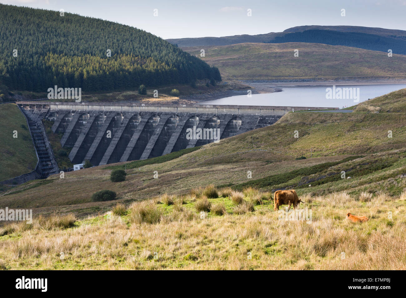 Faible niveau d'eau au Nant-y-moch régime hydroélectrique Barrage dans les collines près de Ceredigion Pumlumon Banque D'Images