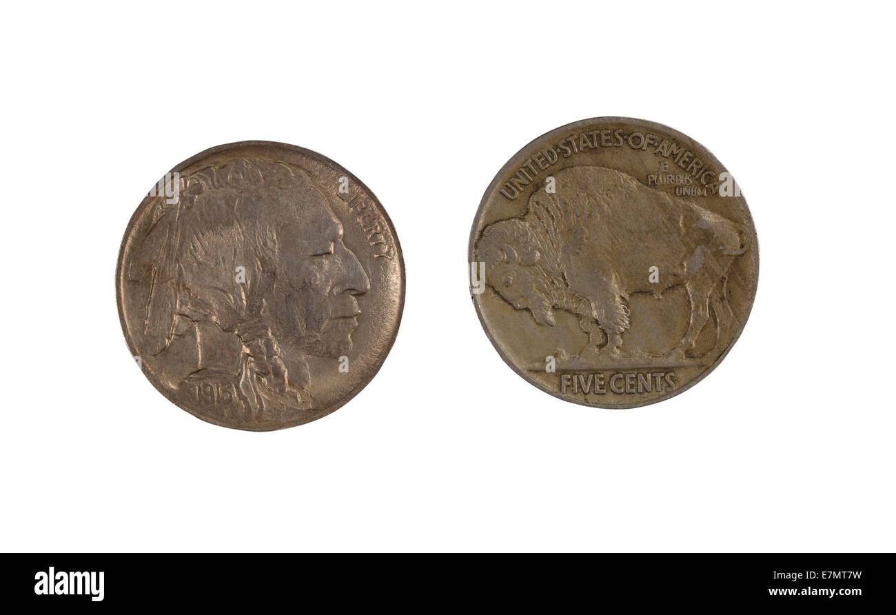 Libre de droit d'American Buffalo Nickels, envers et positions, isolated on white Banque D'Images
