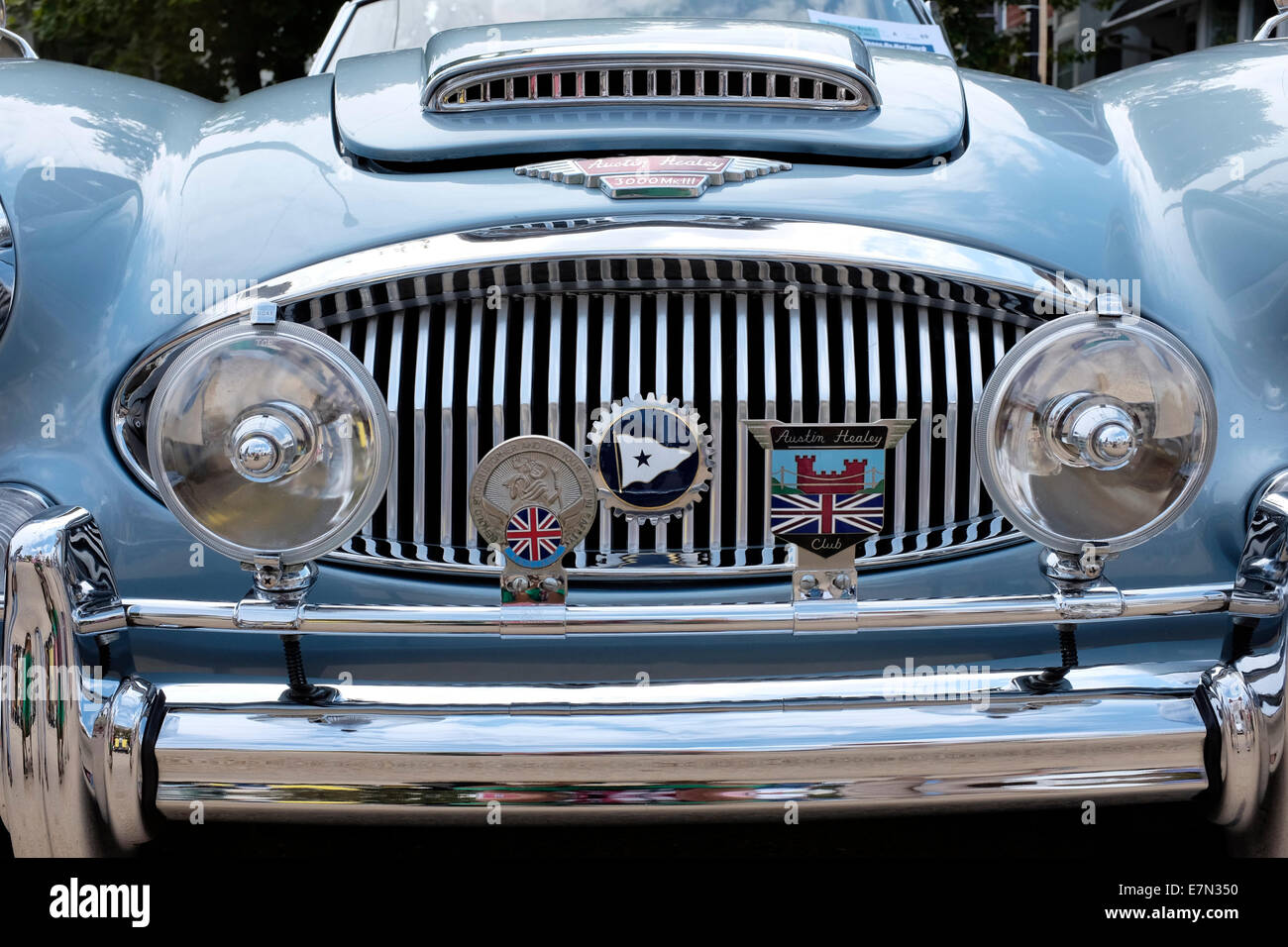 La grille avant d'Austin Healy à automobiles britanniques sur la plage car show à Ocean Grove, New Jersey Banque D'Images