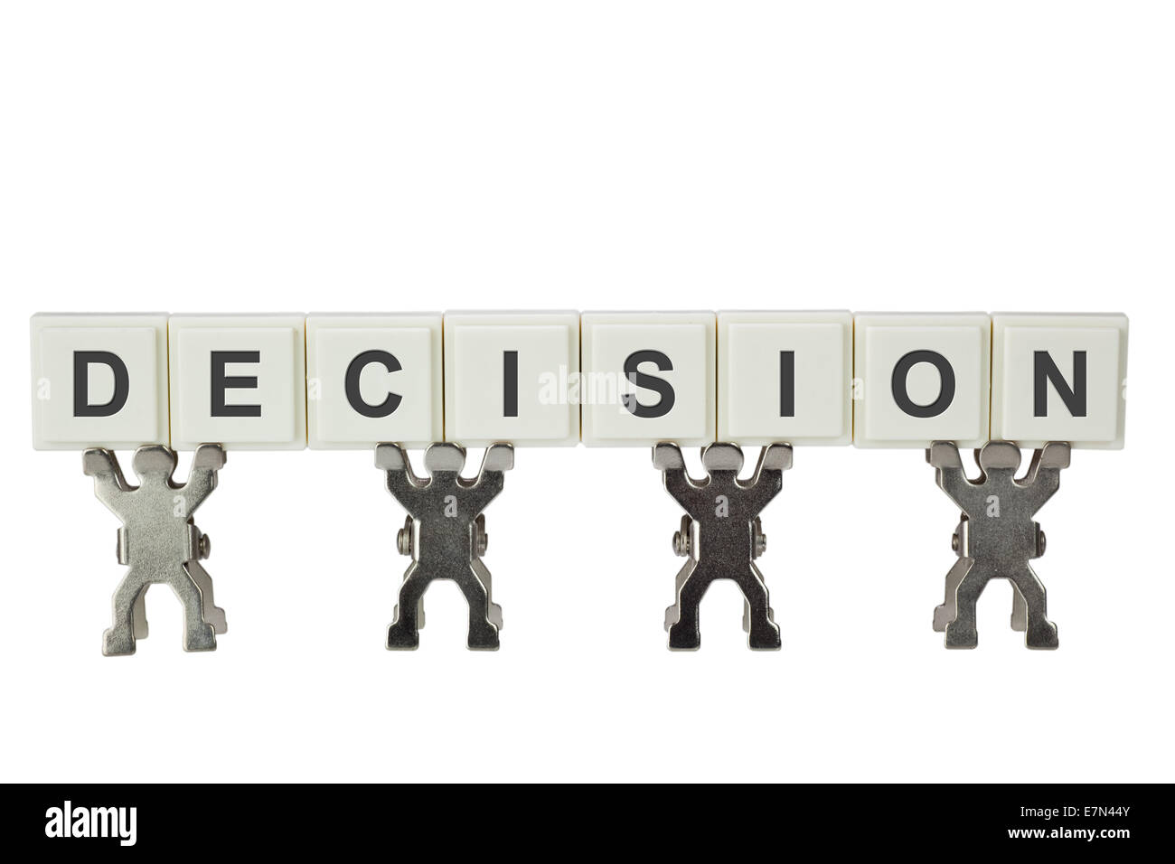 Groupe de figurines avec le mot décision isolé sur fond blanc Banque D'Images